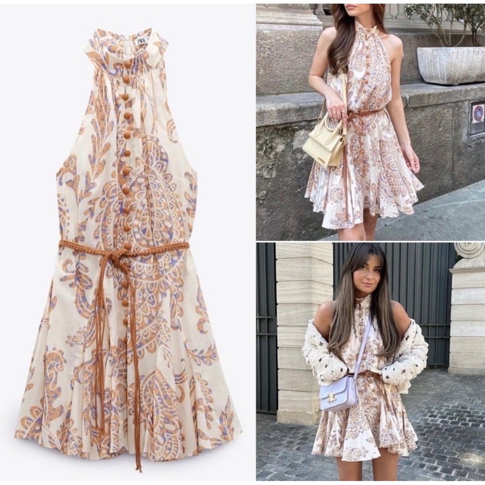 Zara Cream Paisley Halter Mini Dress with Tan Accents